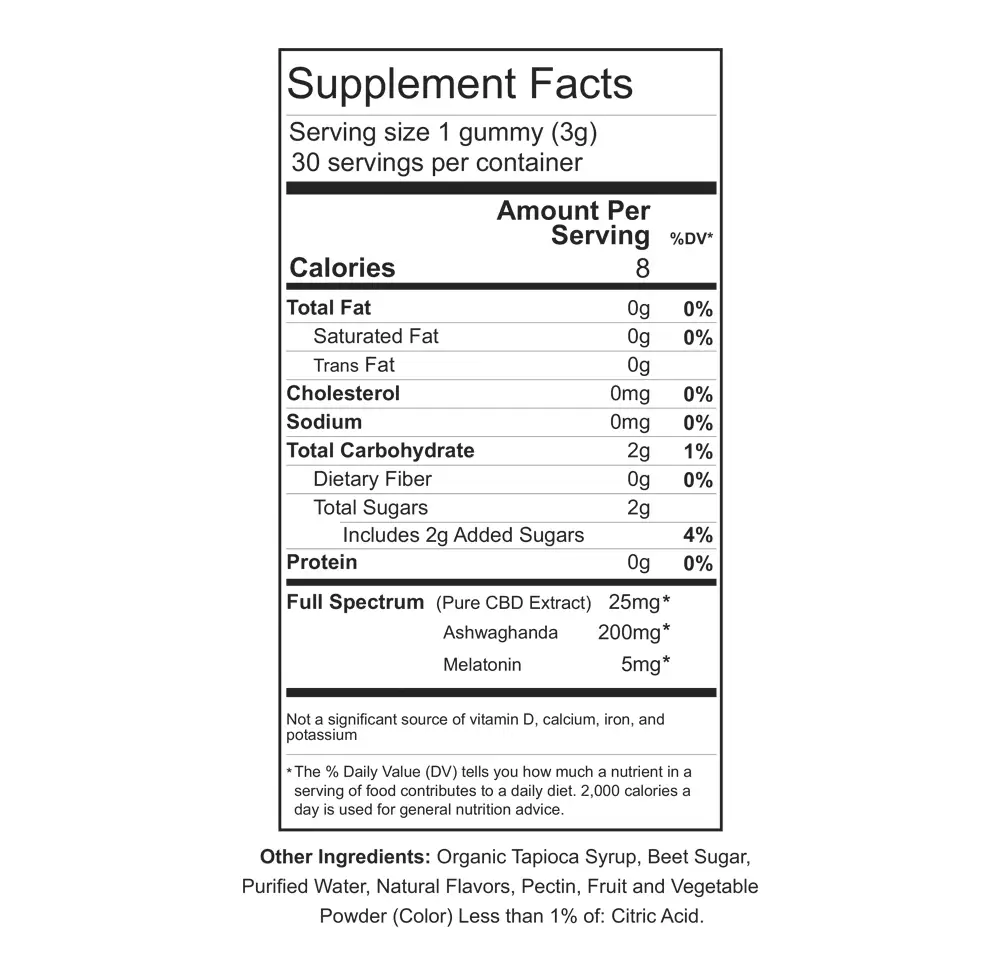 CBD gummies for sleep, rest and recovery supplement facts